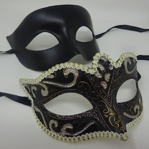His and Hers Black and Gold Quality Pair of Male and Female Couples Masquerade Masks