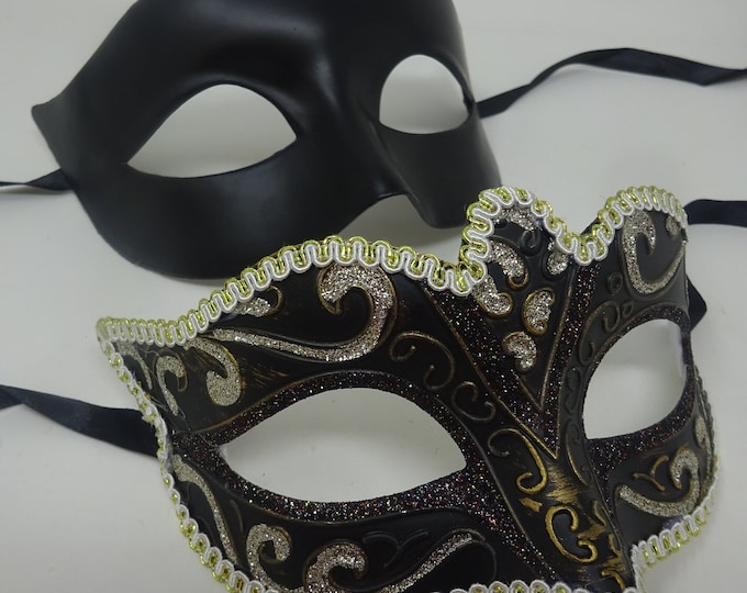 His and Hers Black and Gold Quality Pair of Male and Female Couples Masquerade Masks