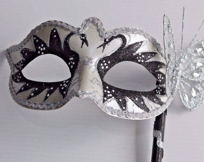 Black and White Swan Lake Butterfly Mask on Stick