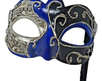 Blue Silver and Black Musical Masquerade Mask for Masked Ball with Musical Notes Script Hand Held Stick