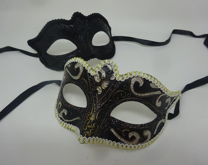 His and Hers Black and Gold Quality Pair of Male and Female Couples Masquerade Masks