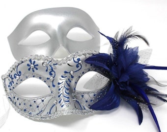Blue and Silver Flower His and Hers Couple Masquerade Masks