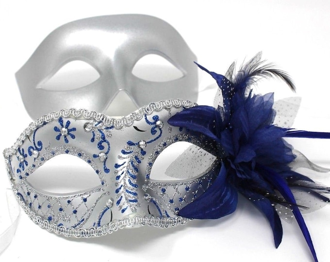 Blue and Silver Flower His and Hers Couple Masquerade Masks