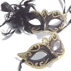 Pair of Couples His and Hers Masquerade Masks in Gold, Black and Bronze with Flower Detail