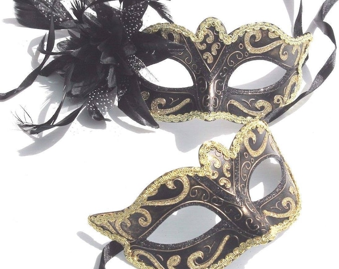 Pair of Couples His and Hers Masquerade Masks in Gold, Black and Bronze with Flower Detail
