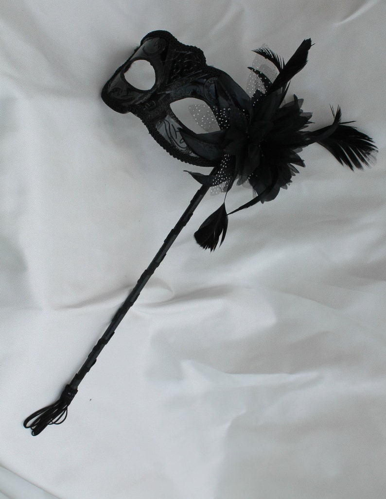 Black Gloss Mask on Stick with Flower Detail