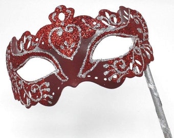 Red and Silver Rialto Venetian Masquerade Ball Party Prom Carnival Mask Hand Held on a Stick