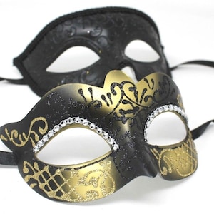 Gold and Black Diamonte Detail His and Hers Couples Pair of Masquerade Masks