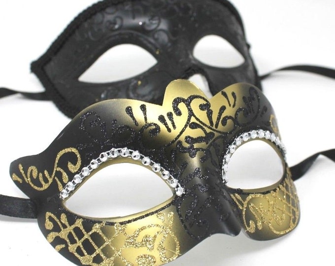 Gold and Black Diamonte Detail His and Hers Couples Pair of Masquerade Masks