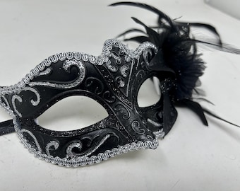 Black and Silver Masquerade Party Ball Eye Mask with Flower & Feathers