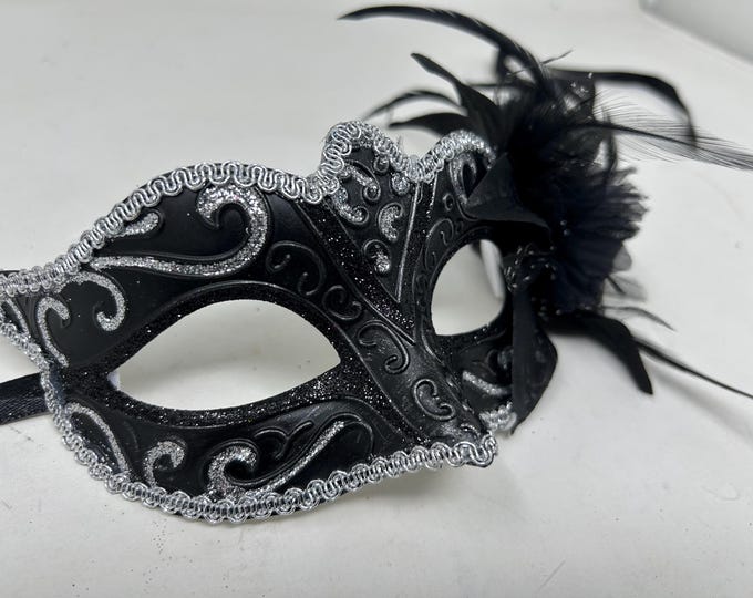 Black and Silver Masquerade Party Ball Eye Mask with Flower & Feathers