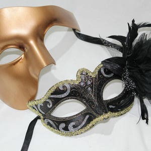 Pair of Couples His and Hers Masquerade Masks Gold & Black Phantom Inspired