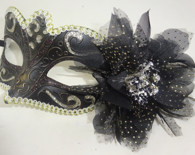 Black Bronze Gold and Silver Venetian Masquerade Ball Carnival Mask with Flower