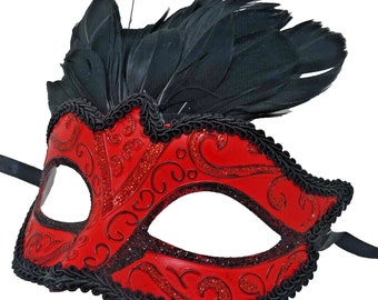 Red and Black Masquerade Eye Mask with Feathers for Party Prom Masked Ball