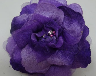 Hair Fascinator Corsage and Brooch Purple Fabric Flower with Decorative Frosted Stamens and Diamontes - Pin & Hair Elastic Fastening