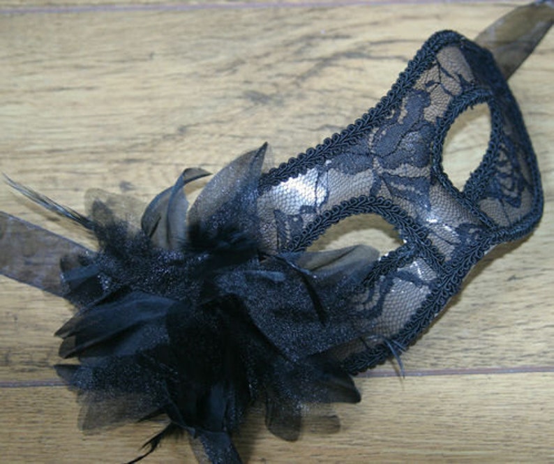 Black Lace Masquerade Mask with Flower