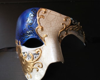 Blue and Gold Half Face Phantom Masquerade Mask
