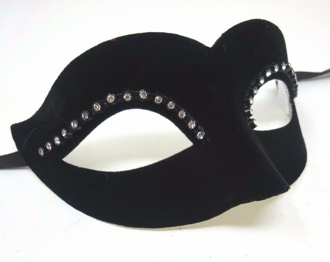 Small Ladies Delicate Velour Diamonte Black Masquerade Ball Carnival Mask