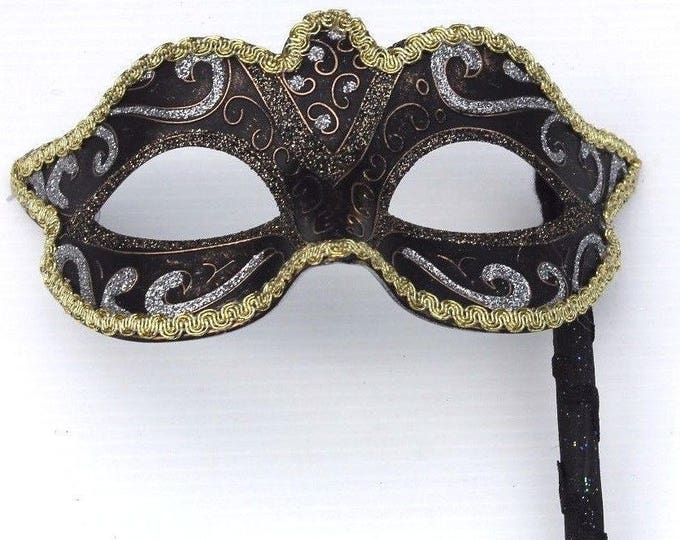 Stunning Black, Bronze Silver and Gold Masquerade Party Ball Mask on a Black Stick