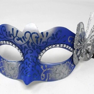 Blue and Silver Masquerade Mask with Silver Butterfly Details