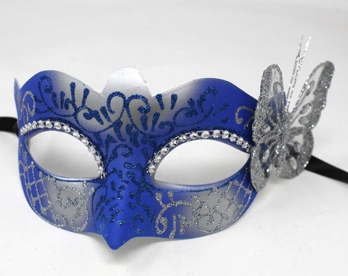Blue and Silver Masquerade Mask with Silver Butterfly Details