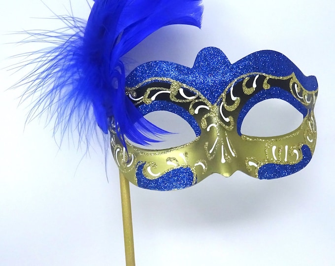 Blue White and Gold Feather Masquerade Party Carnival Ball Eye Mask Hand Held on a Wooden Stick