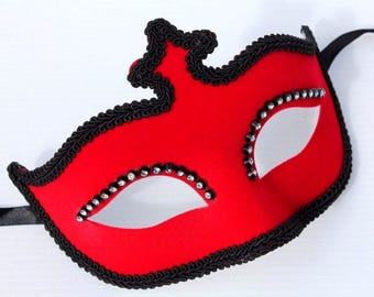 Red Velour Mask with Diamonte Detail