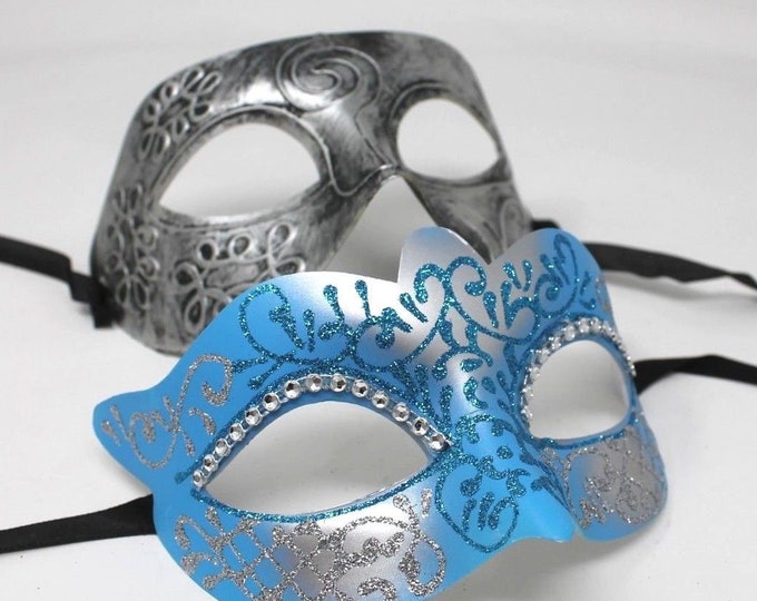 Turquoise and Silver Pair of Male and Female Couples Masquerade Masks