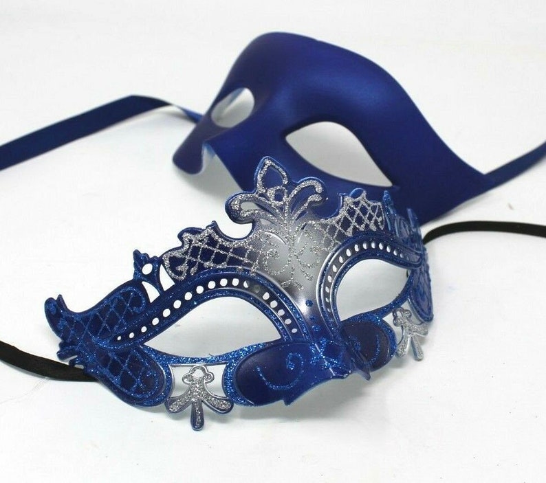Blue and Silver His and Hers Couple Masquerade Masks