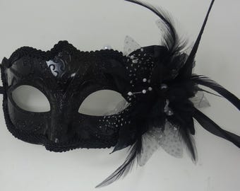Ladies Gloss Black Masquerade Mask with Flower Feather Beads and Organza Detail