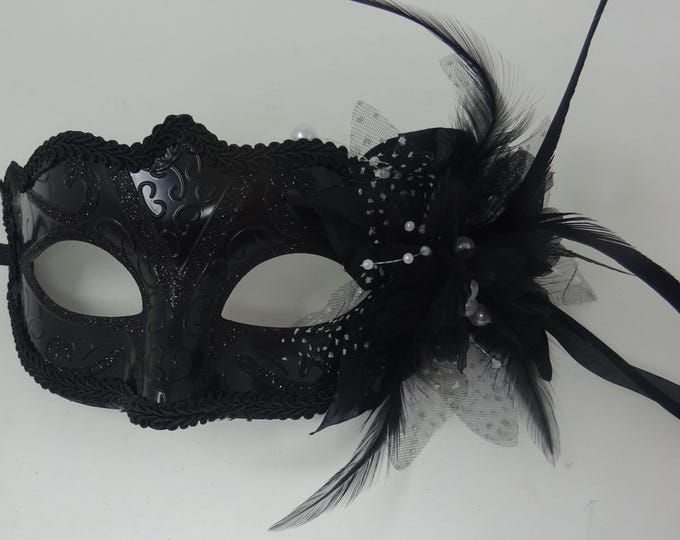Ladies Gloss Black Masquerade Mask with Flower Feather Beads and Organza Detail