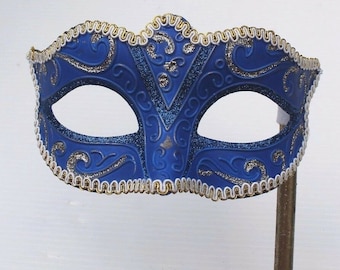 Blue and Gold Venetian Masquerade Party Carnival Eye Mask on a Gold Stick