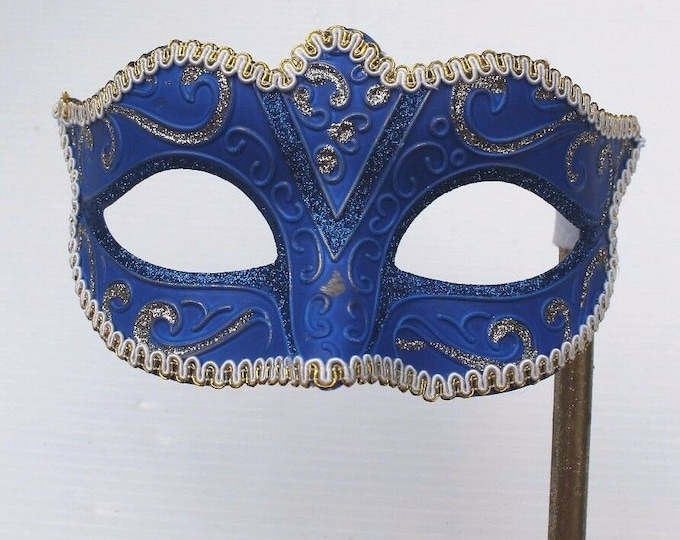 Blue and Gold Venetian Masquerade Party Carnival Eye Mask on a Gold Stick