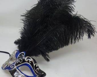 Blue Silver & Black Venetian Masquerade Ball Party Eye Musical Script Mask Long Black Feathers