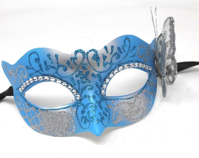 Turquoise & Silver Venetian Masquerade Mask with Silver Butterfly