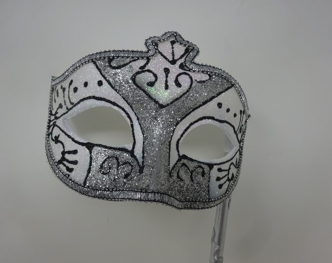 Black  Frosted White and Silver Glitter Mask Hand Held on a Wooden Stick