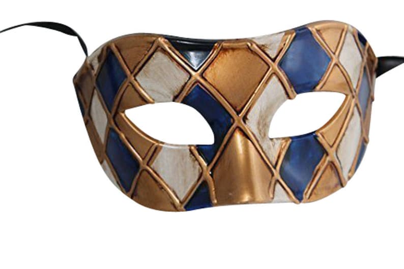 Blue and Antique Gold Harlequin Masquerade Mask for Masked Ball