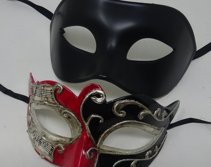 Musical Script Red Silver and Black His and Hers Couples Pair of Masquerade Masks