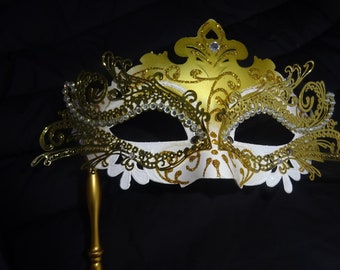 White and GoldMetal and Rewsing Rialto Masquerade Mask on a Gold Stick with Clear Diammontes