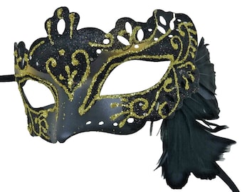 Black and Gold Rialto Masquerade Ball Carnival Party Mask with Side Feathers