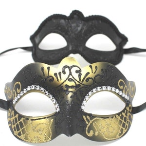 Gold and Black Diamonte Detail His and Hers Couples Pair of Masquerade Masks