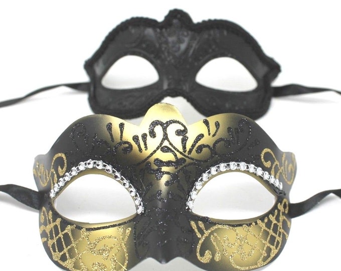 Gold and Black Diamonte Detail His and Hers Couples Pair of Masquerade Masks
