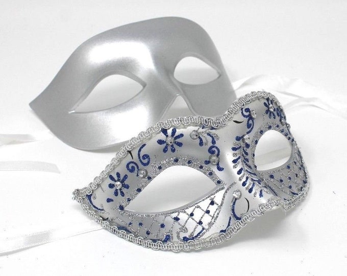 Blue and Silver His and Hers Couple Masquerade Masks
