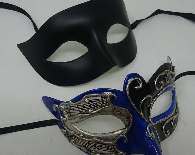 Musical Script Black Silver and Blue His and Hers Couples Pair of Masquerade Party Ball Carnival Masks