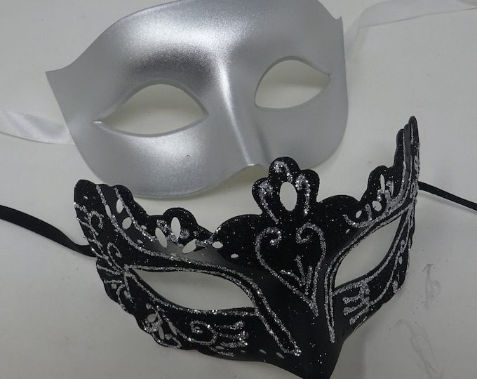 Black and Silver Pair of Male and Female Couples Masquerade Party Ball Prom Masks