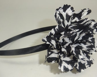 Hair Fascinator Black and White Fabric Petals on a Satin Aliceband Headband