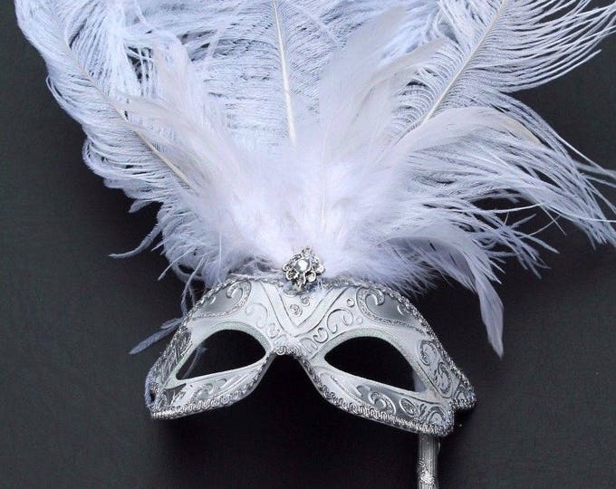 Stunning White and Silver Feather Masquerade Mask on a Silver Stick