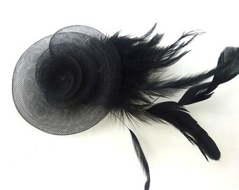 Hair Fascinator Corsage and Brooch Black Feathers and Stiffened Net Fabric Petals Clip & Pin Fastening