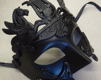 Mens black greek roman soldier god masquerade ball mask theatrical fancy dress costume