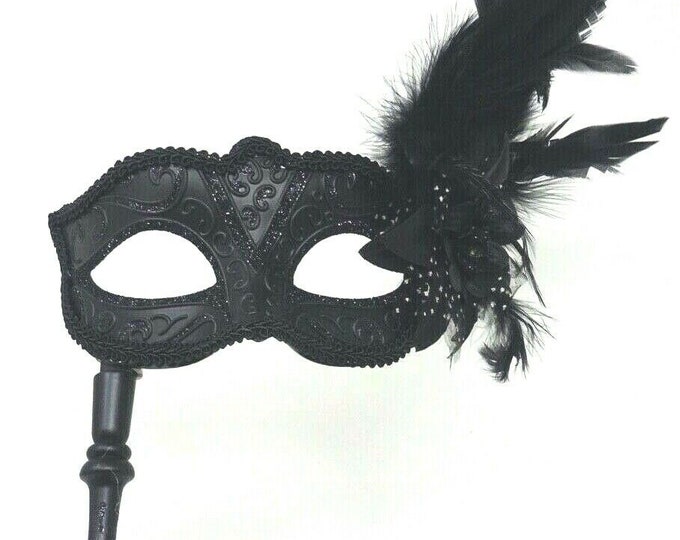 Ladies Black Masquerade Mask Hand Held on a Stick with Flower and Feathers